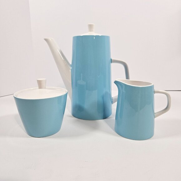 Vintage Mikasa Cera Stone Coffee Pot Creamer Sugar Set Shibui Blue Mid Century - Picture 1 of 12